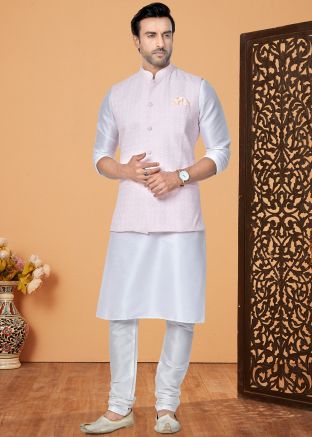 White Men Kurta Pajama With Nehru Jacket