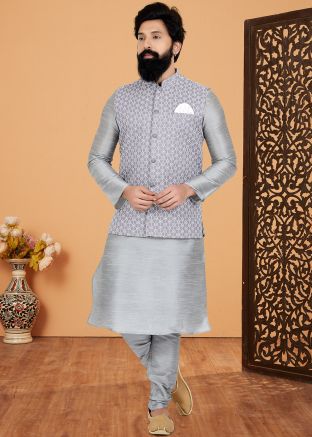 Grey Men Embroidered Kurta Pajama With Nehru Jacket