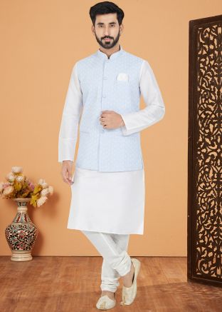 White Embroidered Men Kurta Pajama  With Nehru Jacket