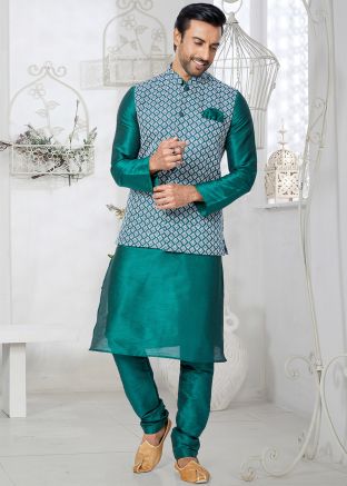 Green Embroidered Kurta Pajama With Nehru Jacket