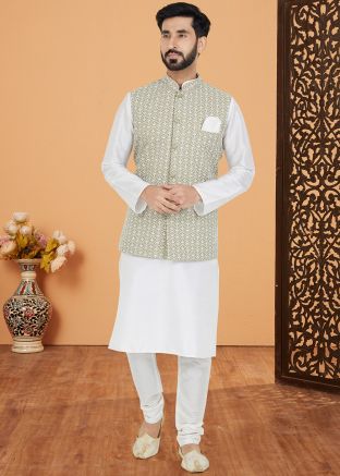 White Kurta Pajama With Embroidered Nehru Jacket