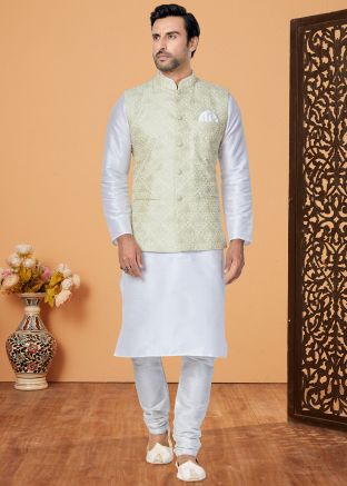 White Men Kurta Pajama With Nehru Jacket