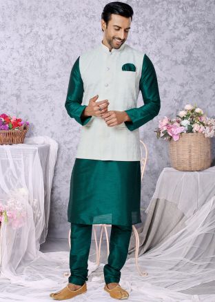 Green Embroidered Kurta Pajama With Nehru Jacket
