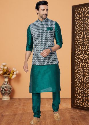 Green Embroidered Kurta Pajama With Nehru Jacket