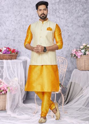 Yellow Men Kurta Pajama With Nehru Jacket