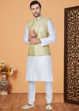 White Embroidered Men Kurta Pajama  With Nehru Jacket