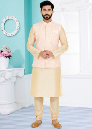 Golden Men Embroidered Kurta Pajama With Nehru Jacket