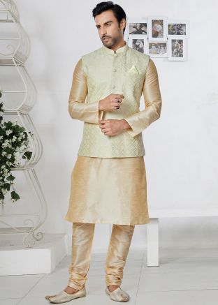 Golden Men Embroidered Kurta Pajama With Nehru Jacket