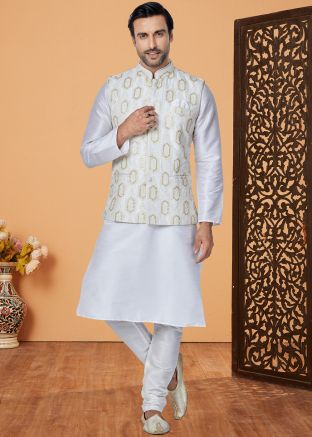 White Men Kurta Pajama With Nehru Jacket