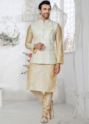 Golden Men Embroidered Kurta Pajama With Nehru Jacket
