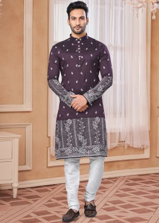 Purple Embroidered Kurta Pajama In Art Silk