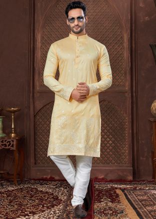 Yellow Embroidered Men Kurta Pajama