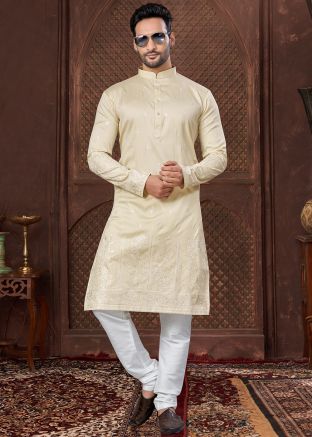 Cream Embroidered Men Kurta Pajama