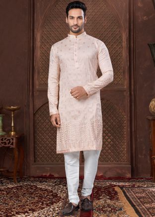Pink Sequins Work Men Kurta Pajama