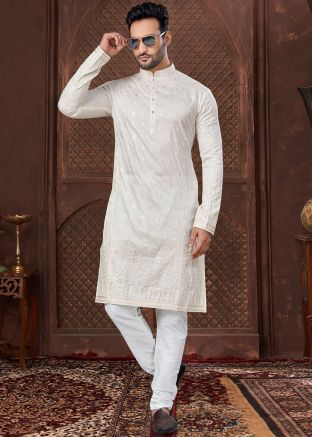 Cream Embroidered Men Kurta Pajama