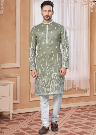 Green Embroidered Art Silk Kurta Pajama