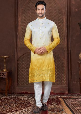 Yellow Shaded Embroidered Men Kurta Pajama