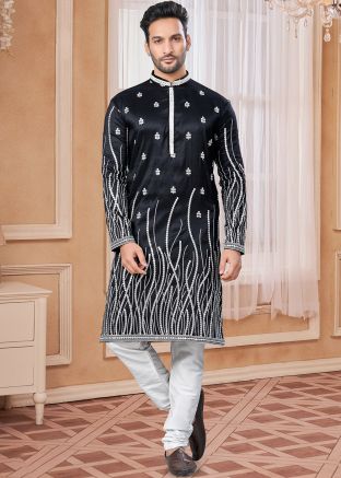 Black Embroidered Men Kurta Pajama