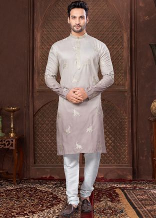 Purple Thread Embroidered Kurta Pajama