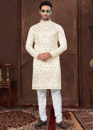 Cream Sequin Work Men Kurta Pajama