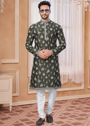 Green Embroidered Art Silk Kurta Pajama