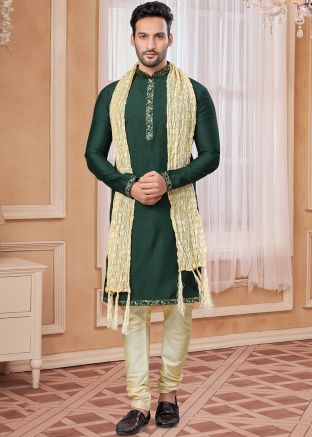 Green Embroidered Art Silk Kurta Pajama