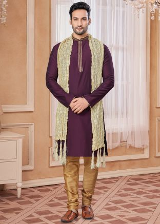 Purple Embroidered Kurta Pajama In Art Silk