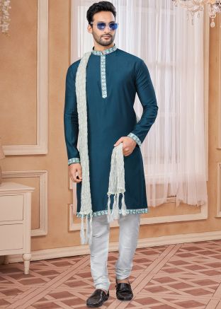 Blue Embroidered Kurta Pajama In Jacquard