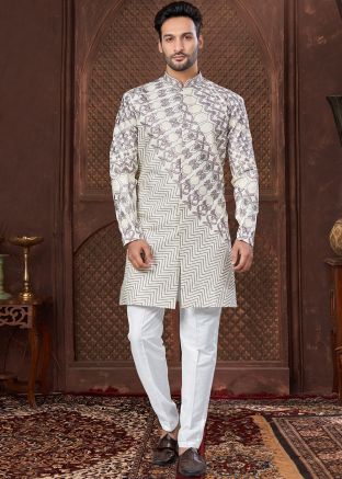 Purple Woven Indo-Western Sherwani In Jacquard