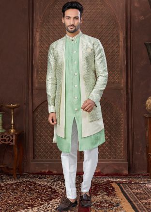 Green Woven Indo Western Sherwani In Jacquard