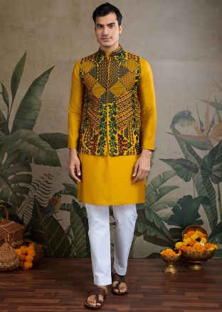 Yellow Kurta Wih Embroidered Nehru Jacket In Viscose