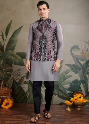 Grey Kurta Wih Embroidered Viscose Nehru Jacket