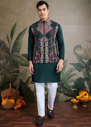Green Kurta Wih Embroidered Nehru Jacket In Viscose