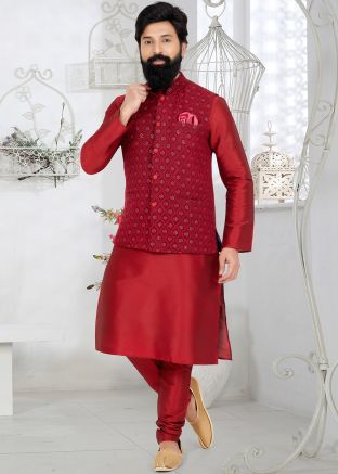 Red Embroidered Kurta Pajama With Nehru Jacket