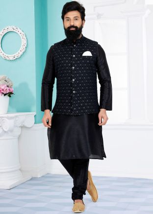 Black Men Kurta Pajama With Nehru Jacket