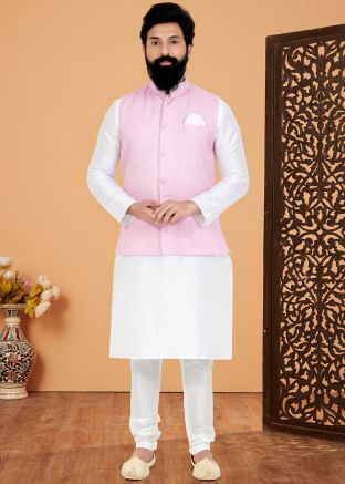 White Men Kurta Pajama With Nehru Jacket