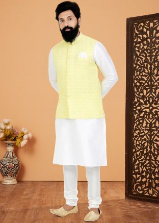 White Kurta Pajama With Embroidered Nehru Jacket