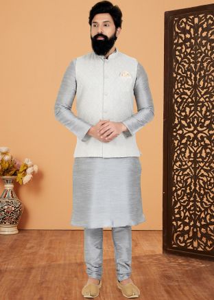 Grey Embroidered Kurta Pajama With Nehru Jacket