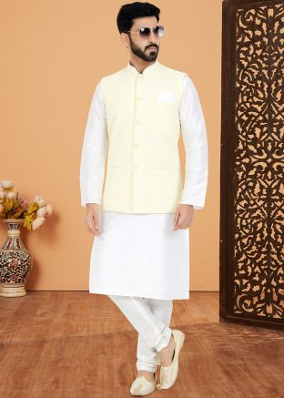 White Men Kurta Pajama With Nehru Jacket