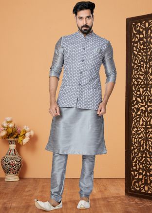 Grey Men Kurta Pajama With Nehru Jacket