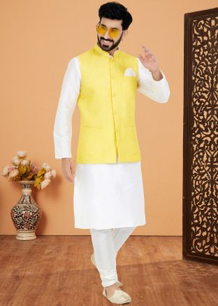 White Kurta Pajama With Embroidered Nehru Jacket