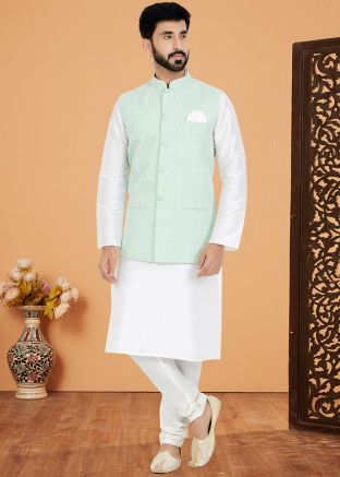 White Embroidered Kurta Pajama With Nehru Jacket