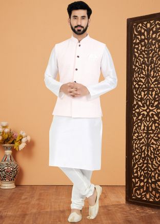 White Embroidered Kurta Pajama With Nehru Jacket