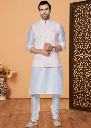 White Kurta Pajama With Embroidered Nehru Jacket