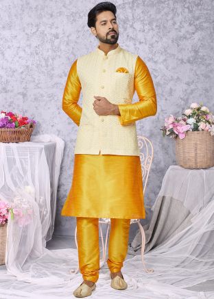 Yellow Men Kurta Pajama With Nehru Jacket