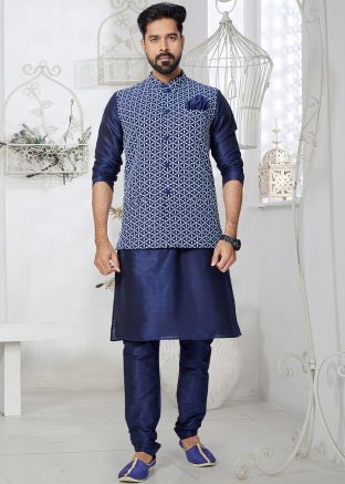 Blue Men Kurta Pajama With Embroidered Nehru Jacket