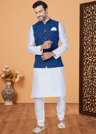 White Men Embroidered Kurta Pajama With Nehru Jacket