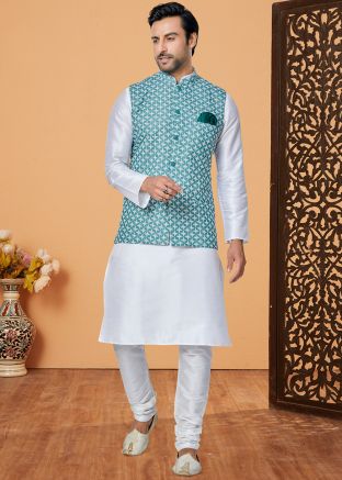 White Men Kurta Pajama With Nehru Jacket