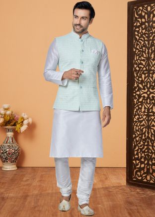 White Embroidered Kurta Pajama Wit Nehru Jacket