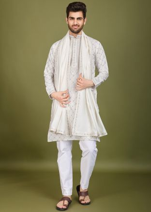 White Embroidered Kurta In Viscose